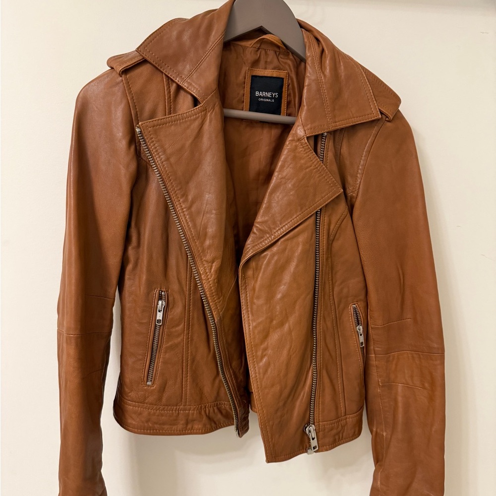 Barneys New York Tan Leather Moto Jacket